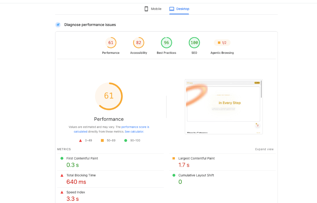 Initial Desktop PageSpeed Report - Score 61, TBT 640ms